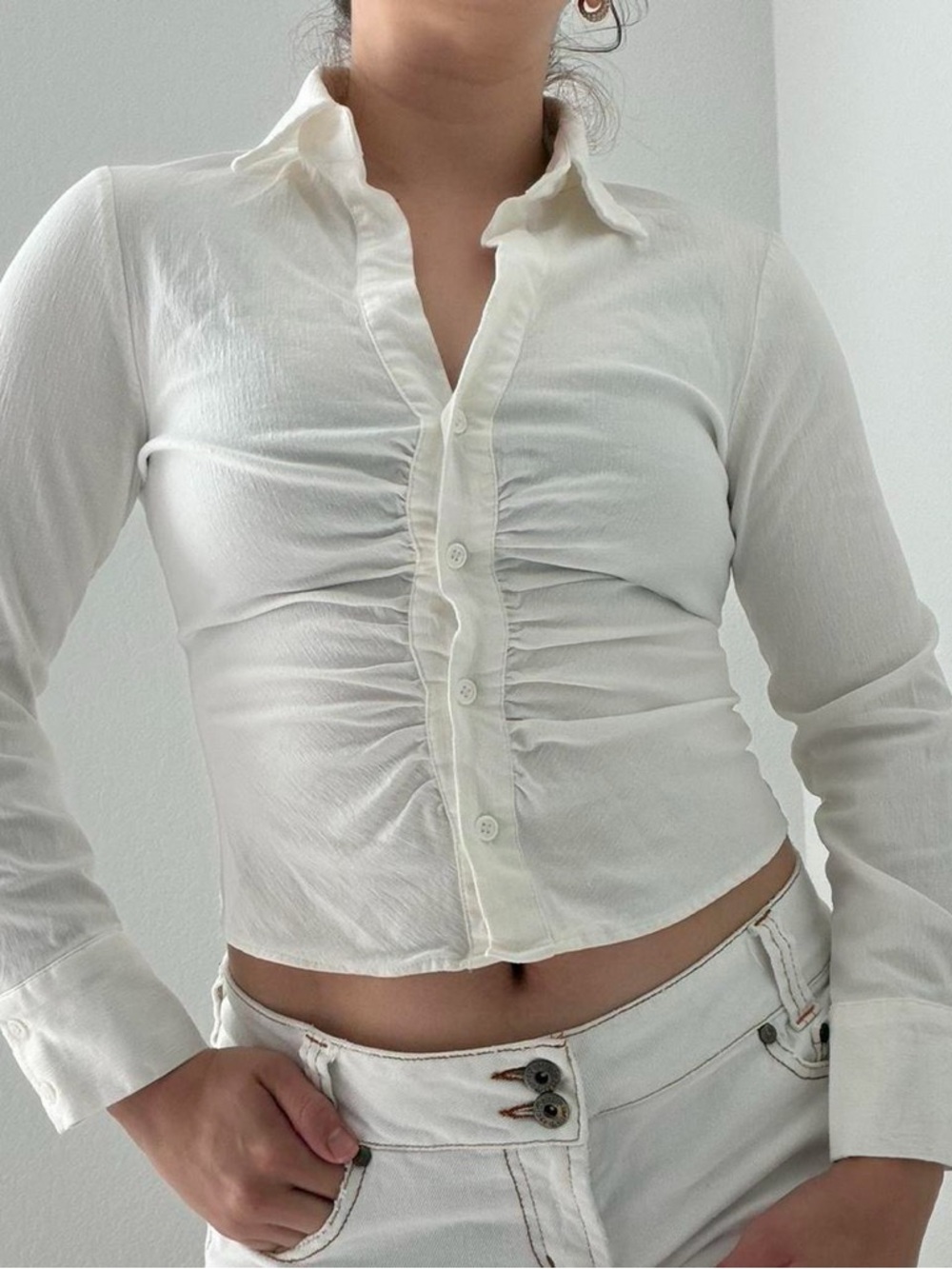Women's Zara White Ruched Button-Front Collared Top